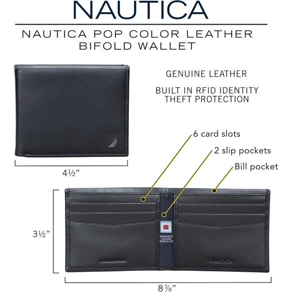 Nautica Men's Bifold Leather Wallet Black Brown RFID Blocking ID Window Card - Picture 5 of 5
